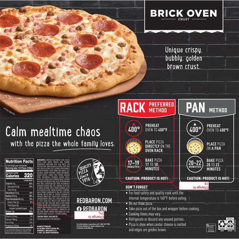 slide 4 of 8, Red Baron Meat Trio Brick Oven Frozen Pizza - 18.22oz, 18.22 oz