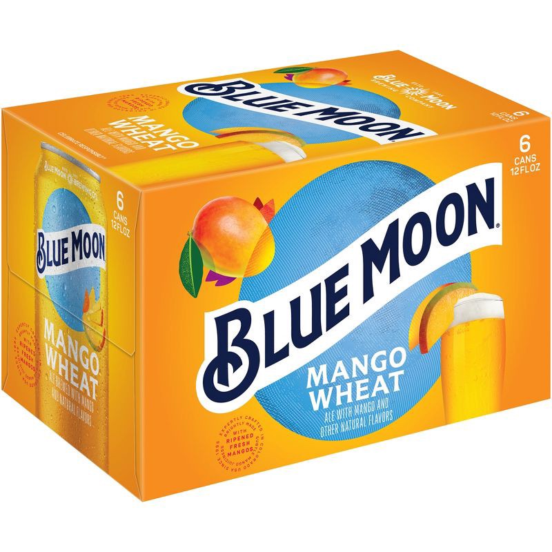 slide 1 of 9, Blue Moon Mango Wheat Ale Beer - 6pk/12 fl oz Cans, 6 ct; 12 fl oz