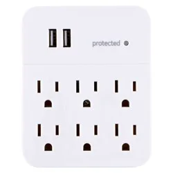 General Electric GE 6 Outlet 2 USB Port Surge Protector Wall Tap 560 White