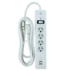 General Electric GE 6' Extension Cord with 4 Outlet 2 USB Surge Protector White