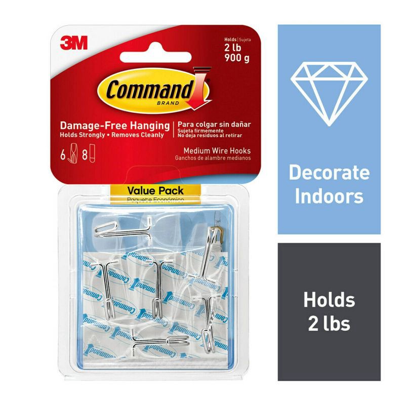 slide 1 of 11, Command 6pk Damage-Free Hanging Clear Medium Wire Toggle Hooks with Adhesive Strips for Christmas Lights and Holiday Decorations, 6 ct