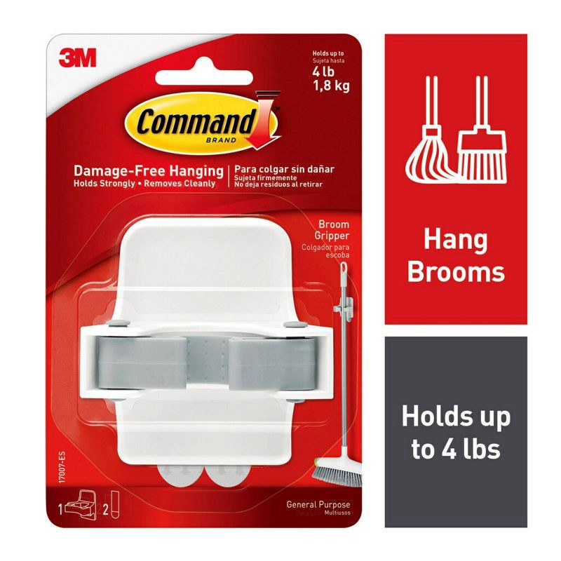 slide 1 of 11, Command Broom Gripper: Wall Mount Broom Holder & Hanger, Adhesive Hook, Plastic, 4 lb Capacity, White, 4 lb