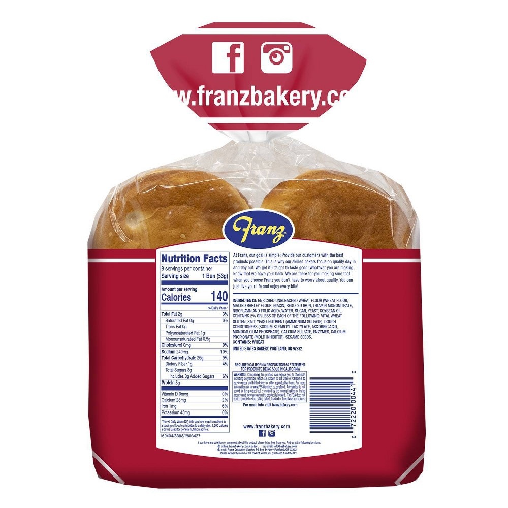 slide 6 of 6, Franz Sesame Cluster Hamburger Buns - 15oz, 15 oz