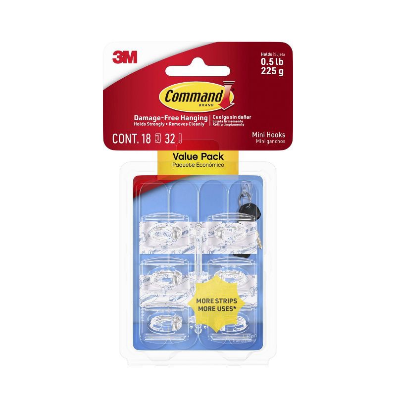 slide 1 of 12, Command Value Pack Damage-Free Hanging Clear Mini Hooks with Adhesive Strips for Christmas Lights and Holiday Decoration, 1 ct