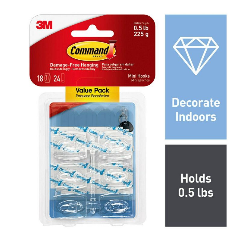 slide 1 of 12, Command Value Pack Damage-Free Hanging Clear Mini Hooks with Adhesive Strips for Christmas Lights and Holiday Decoration, 1 ct