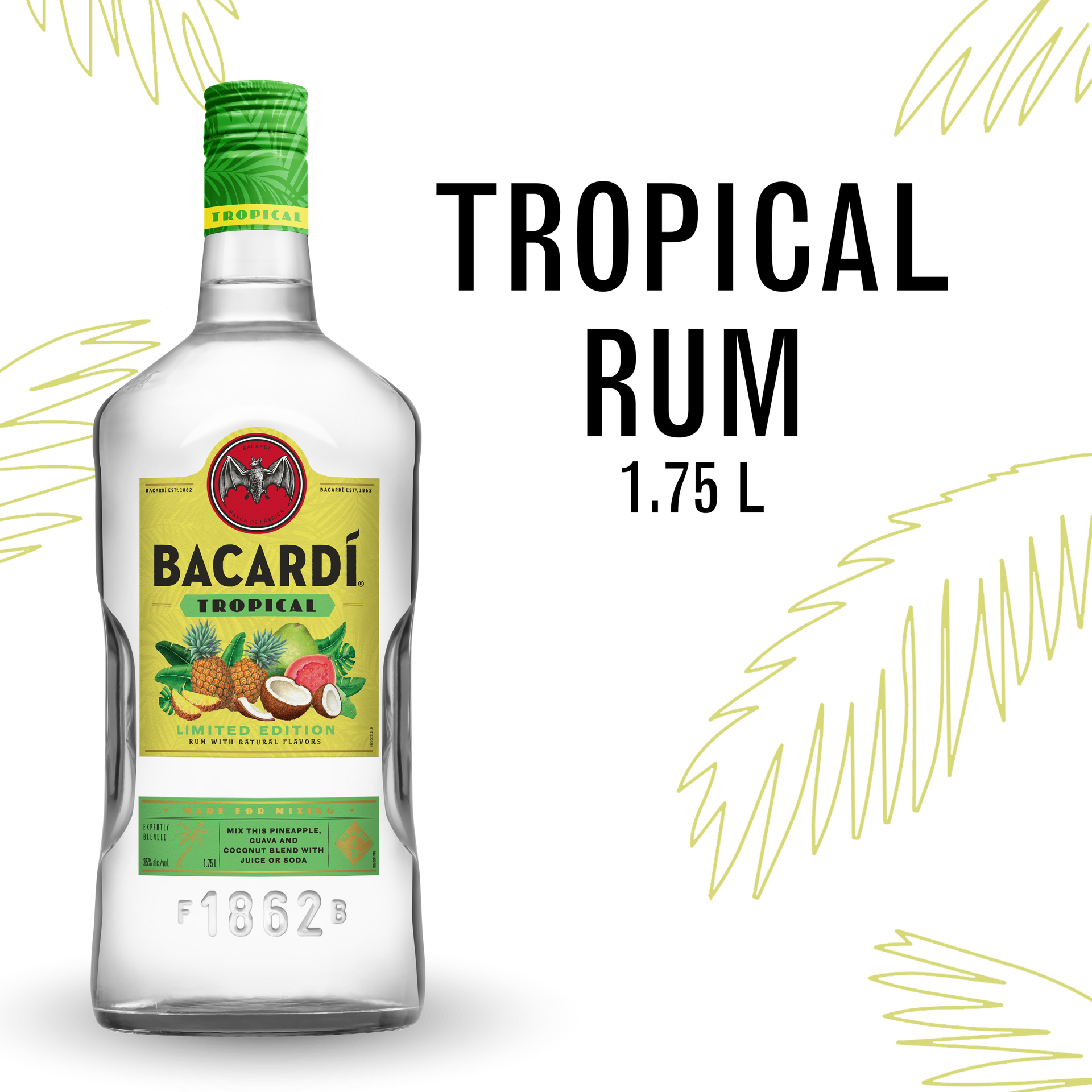 slide 5 of 5, Bacardí Bacardi Tropical Rum, Gluten Free 35% 175Cl/1.75L, 1.75 liter