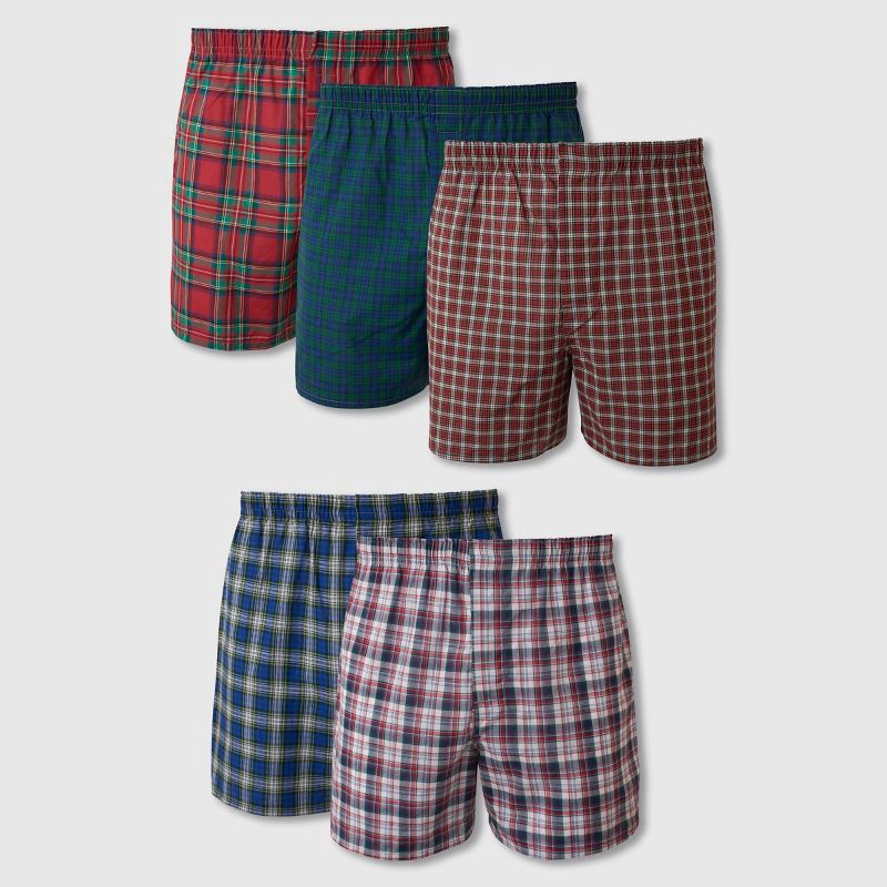 slide 1 of 4, Hanes Men's Tartan Plaid Woven Boxer Shorts 5pk - Red/Brown/Blue L, 5 ct