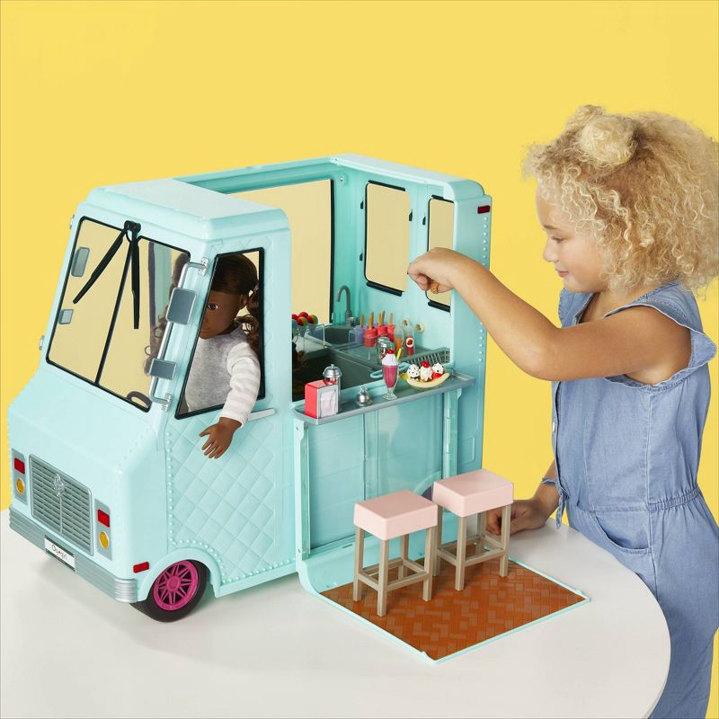 slide 3 of 13, Our Generation Sweet Stop Ice Cream Truck with Electronics for 18" Dolls - Light Blue, 1 ct