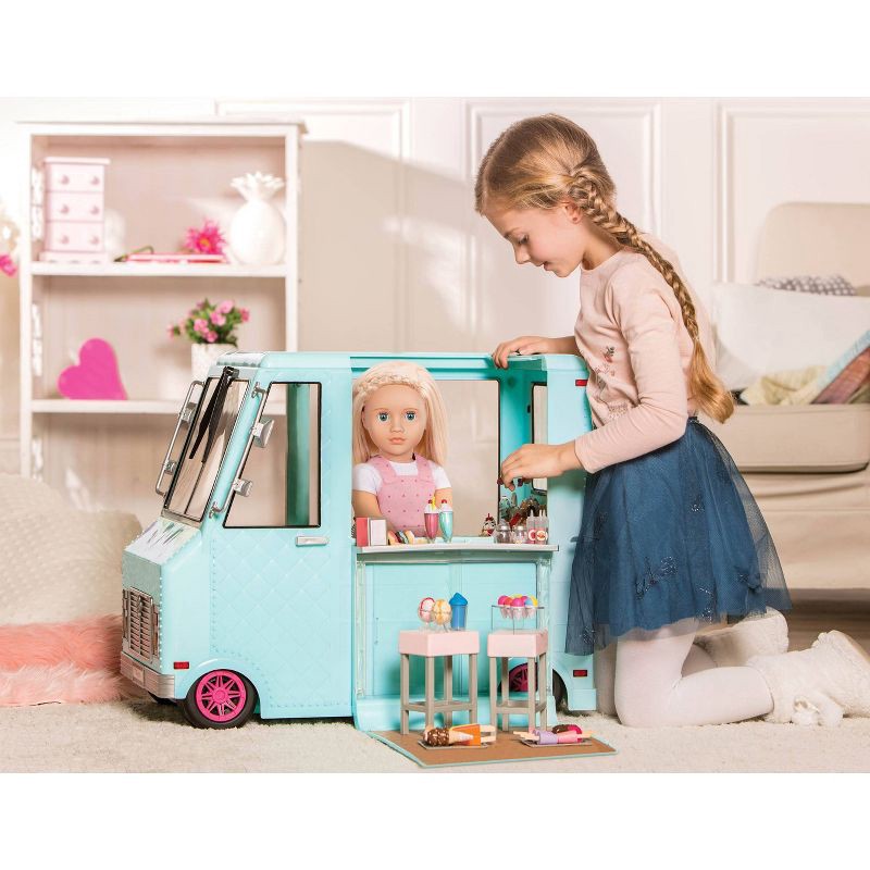 slide 4 of 13, Our Generation Sweet Stop Ice Cream Truck with Electronics for 18" Dolls - Light Blue, 1 ct