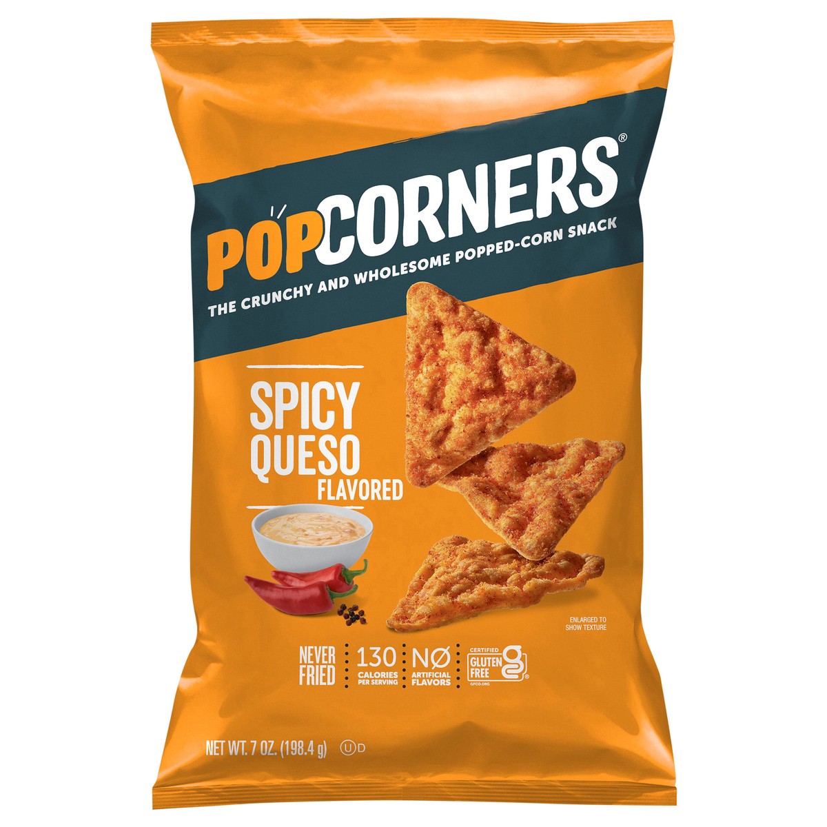slide 1 of 3, PopCorners The Crunchy And Wholesome Popped-Corn Snack Spicy Queso Flavored 7 Oz, 7 oz