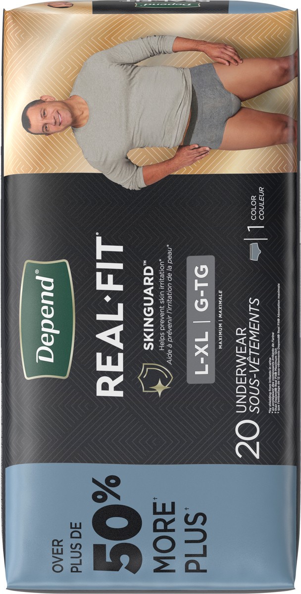 slide 8 of 9, Depend Real Fit Incontinence Underwear for Men, Large/Extra-Large (38–50" Waist), 20 Count, 20 ct