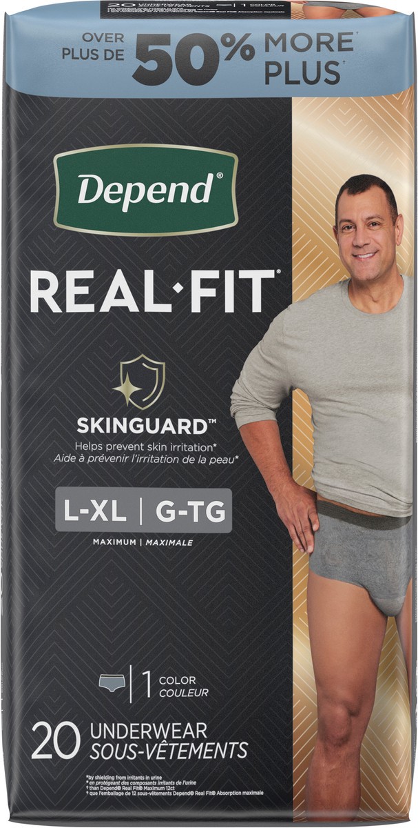 slide 6 of 9, Depend Real Fit Incontinence Underwear for Men, Large/Extra-Large (38–50" Waist), 20 Count, 20 ct