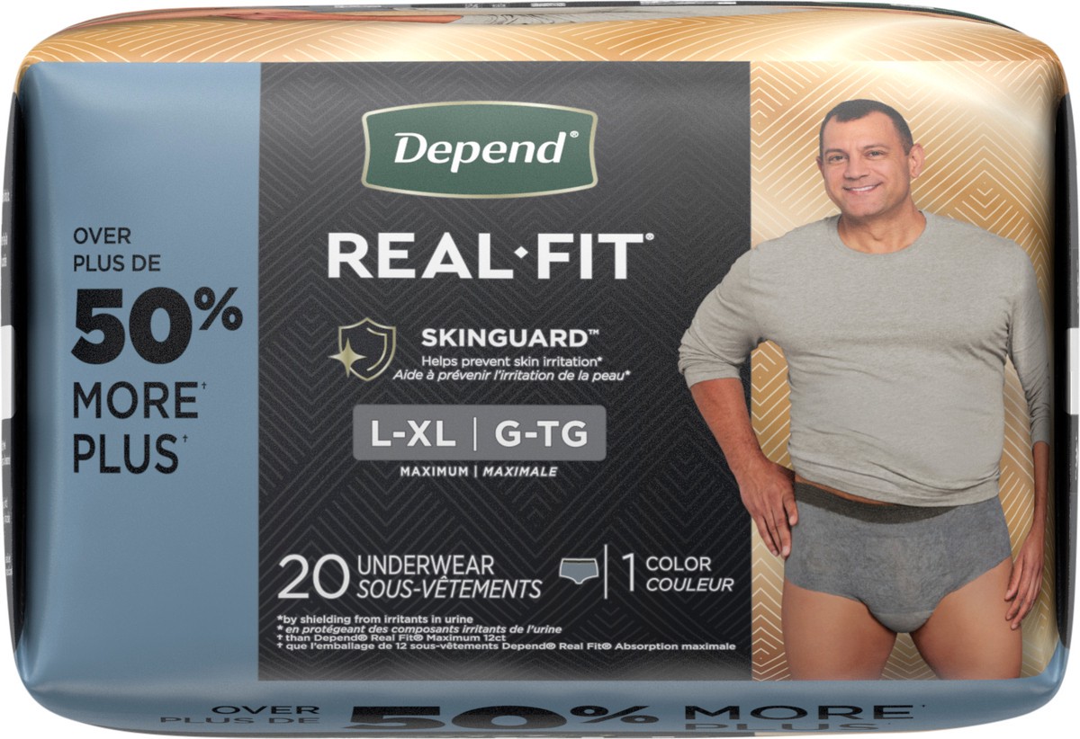 slide 7 of 9, Depend Real Fit Incontinence Underwear for Men, Large/Extra-Large (38–50" Waist), 20 Count, 20 ct