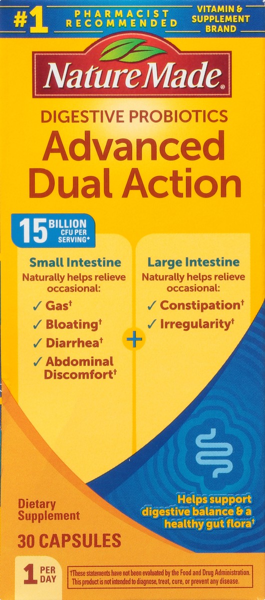 slide 9 of 9, Nature Made Digestive Probiotics Advanced Dual Action, Probiotics for Women and Men, 30 Probiotic Capsules, 30 Day Supply, 30 ct