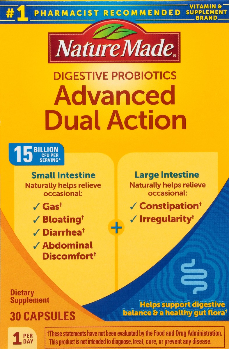 slide 7 of 9, Nature Made Digestive Probiotics Advanced Dual Action, Probiotics for Women and Men, 30 Probiotic Capsules, 30 Day Supply, 30 ct