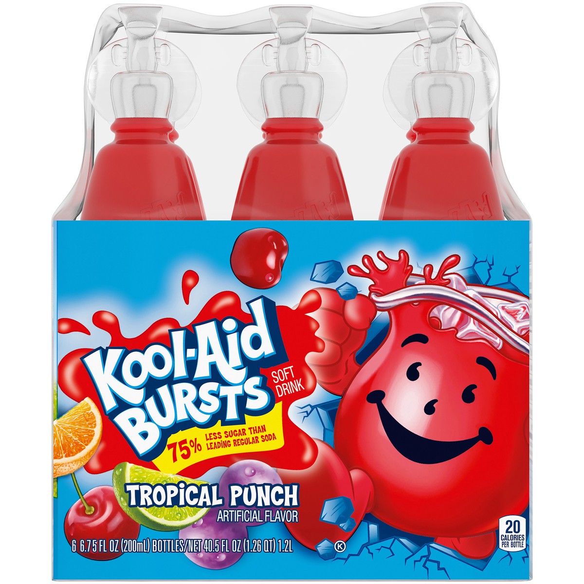 slide 1 of 9, Kool-Aid Bursts Tropical Punch Ready-To-Drink Soft Drink, 6 ct - 6.75 fl oz Bottles, 40.5 fl oz