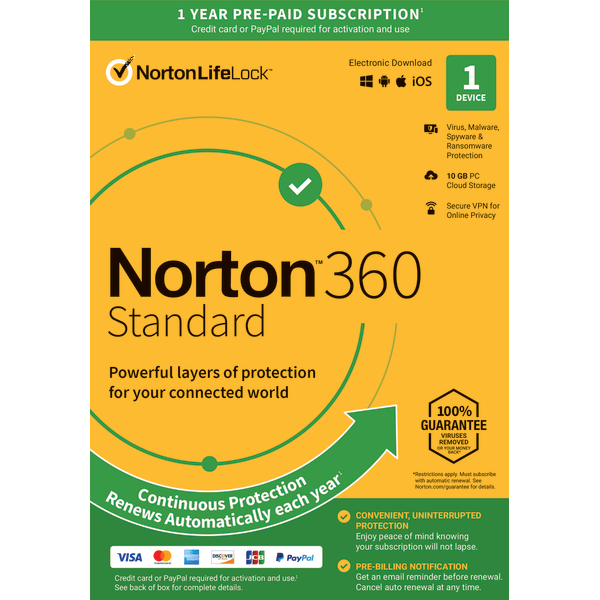 slide 1 of 4, Norton 360 Standard, For 1 Device, 1-Year Subscription, Product Key Card, 1 ct