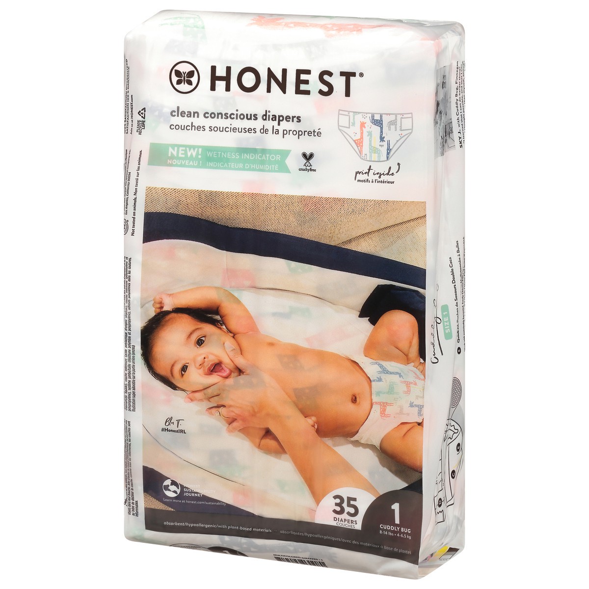 slide 3 of 9, Honest Multicolored Giraffes Cuddly Bug Size 1 (8-14 lbs) Diapers 35 ea, 35 ct