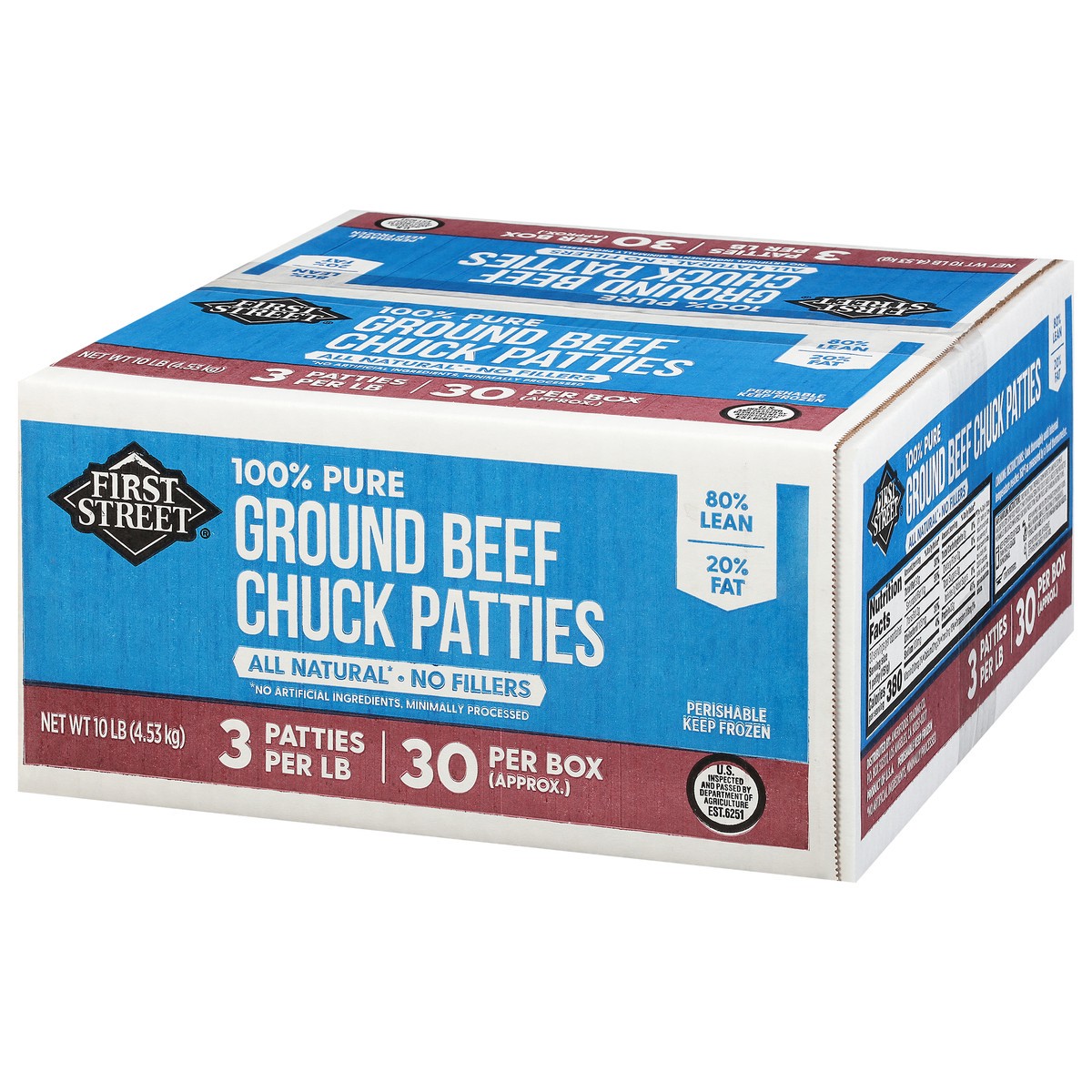 slide 7 of 13, First Street 3/1 Chuck Patties 80/20, 10 lb