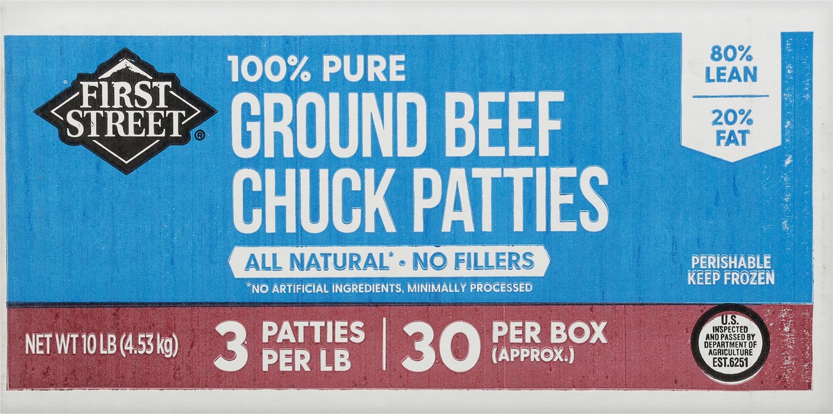 slide 9 of 13, First Street 3/1 Chuck Patties 80/20, 10 lb