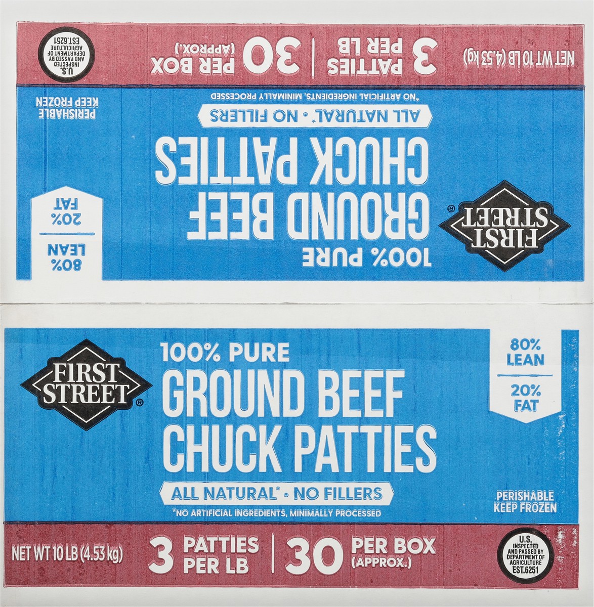 slide 4 of 13, First Street 3/1 Chuck Patties 80/20, 10 lb