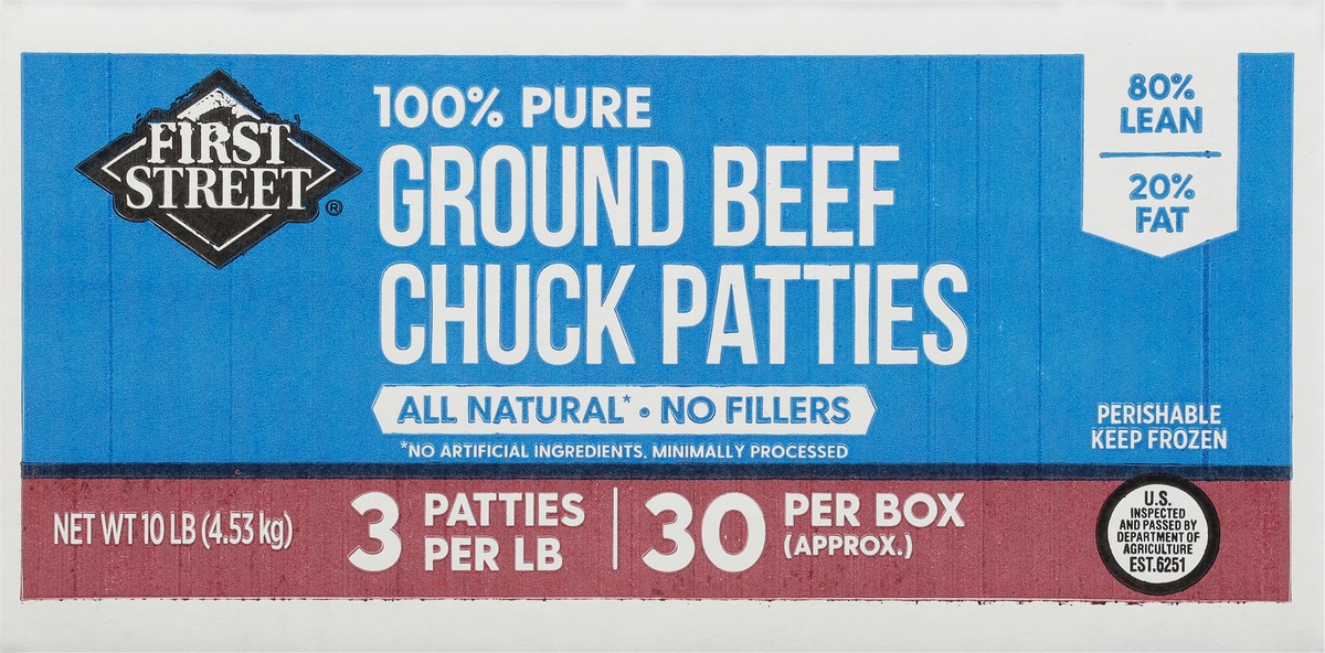 slide 8 of 13, First Street 3/1 Chuck Patties 80/20, 10 lb