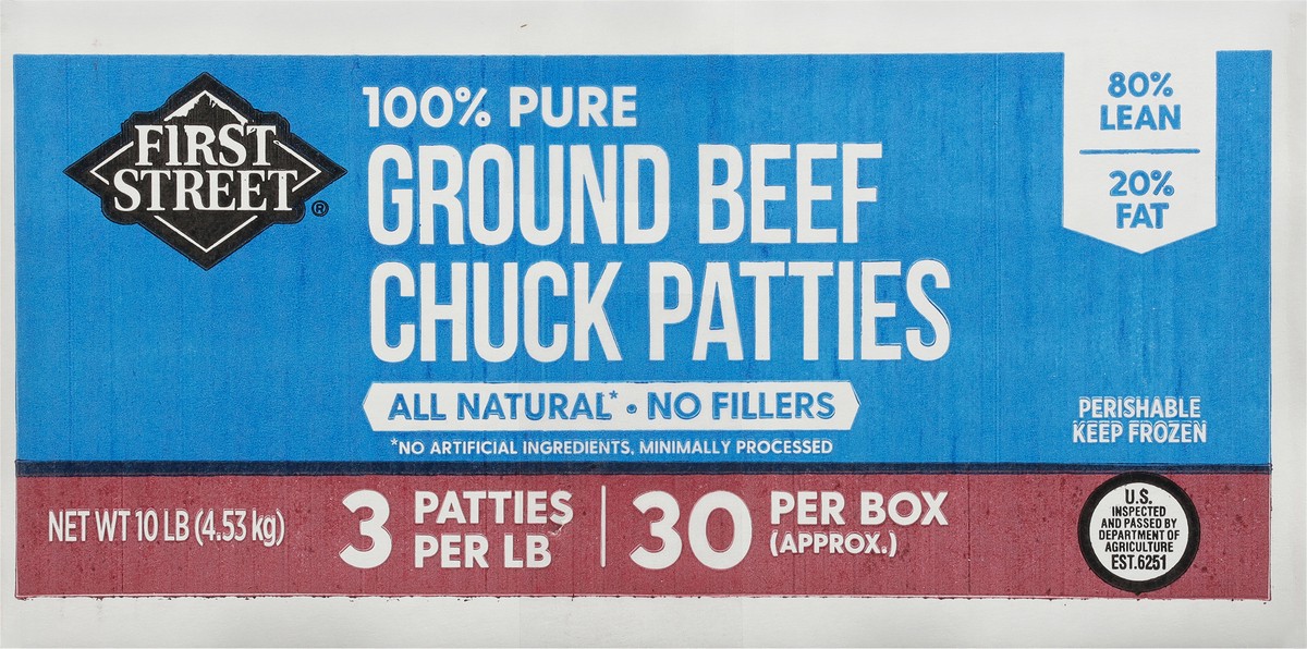 slide 3 of 13, First Street 3/1 Chuck Patties 80/20, 10 lb