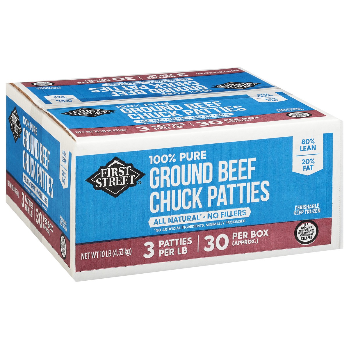 slide 5 of 13, First Street 3/1 Chuck Patties 80/20, 10 lb