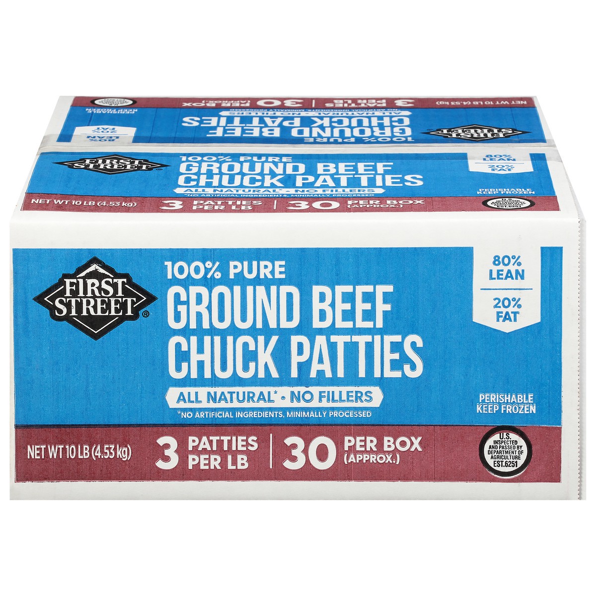 slide 10 of 13, First Street 3/1 Chuck Patties 80/20, 10 lb