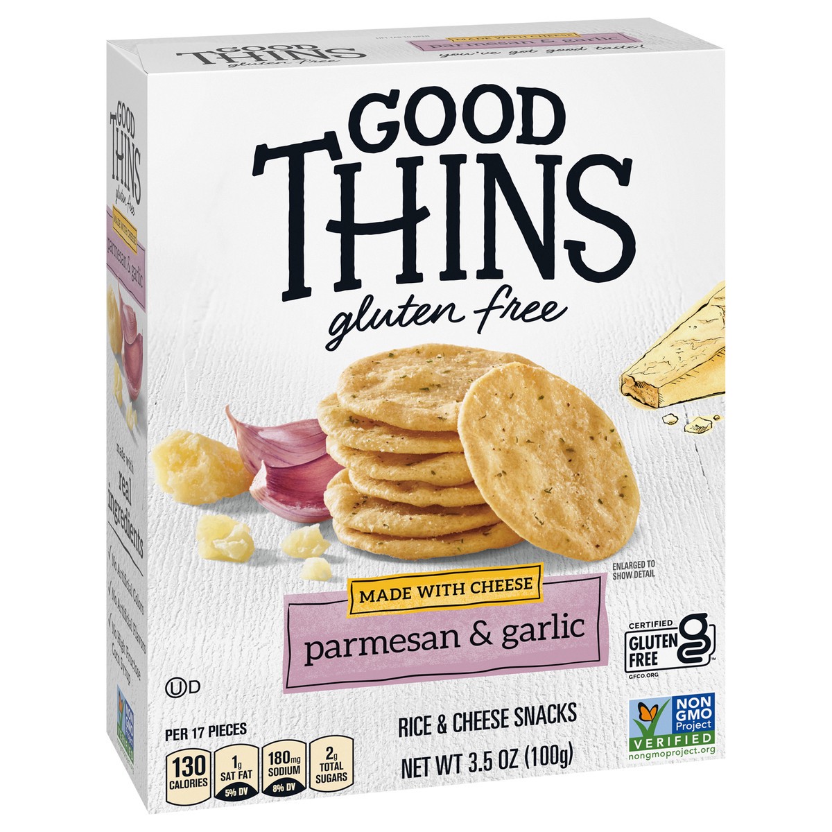 slide 2 of 9, GOOD THiNS The Cheese One Parmesan & Garlic Rice & Cheese Snacks, 3.5 oz