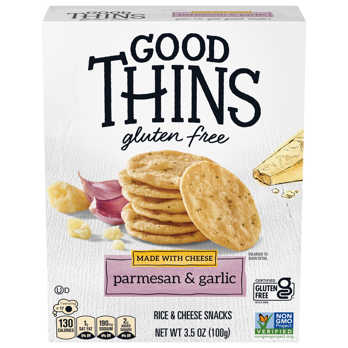 slide 1 of 9, GOOD THiNS Parmesan & Garlic Rice & Cheese Snacks Gluten Free Crackers, Snack Crackers, 3.5 oz, 3.5 oz