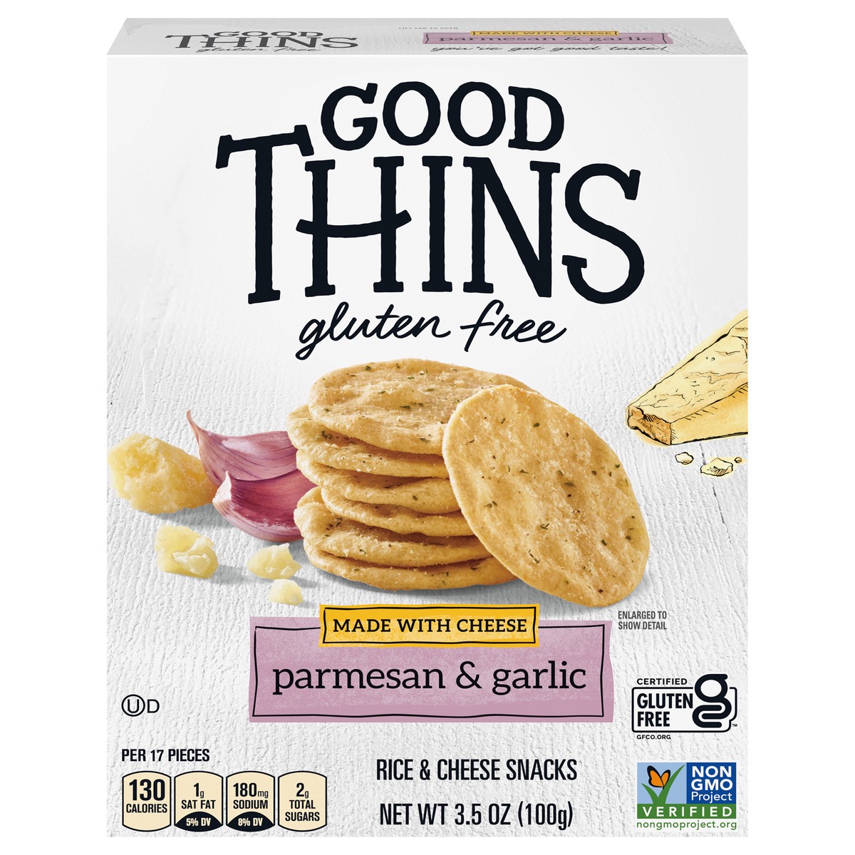 slide 1 of 9, GOOD THiNS The Cheese One Parmesan & Garlic Rice & Cheese Snacks, 3.5 oz