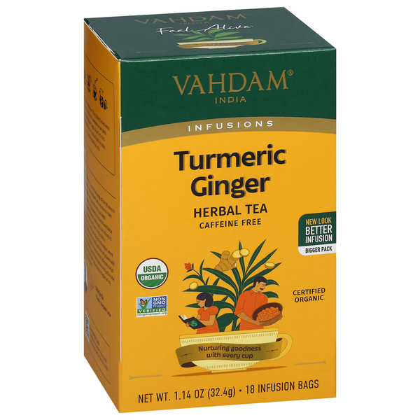 slide 1 of 1, Vahdam Caffeine Free Infusions Turmeric Ginger Herbal Tea 18 Infusion Bags, 18 ct
