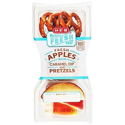 slide 1 of 1, H-E-B Ready Fresh Go! Apples with Caramel Dip & Pretzels Snack Tray, 1.9 oz