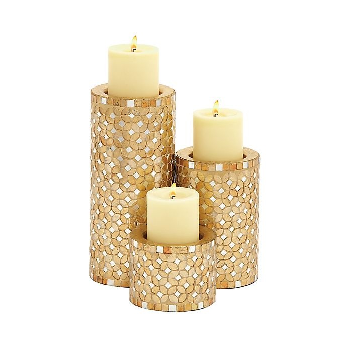 slide 1 of 3, Ridge Road Decor Metal Mosaic Candle Holder Set - Gold, 3 ct