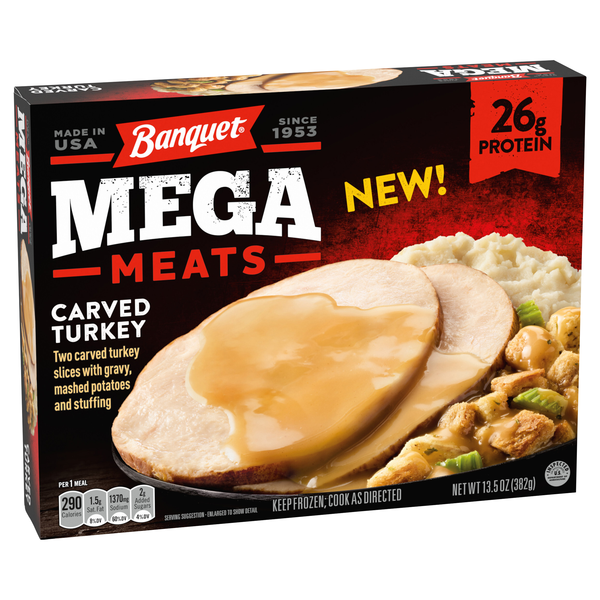slide 1 of 1, Banquet MEGA Meats Carved Turkey, Frozen Meal, 13.5 oz., 13.5 oz
