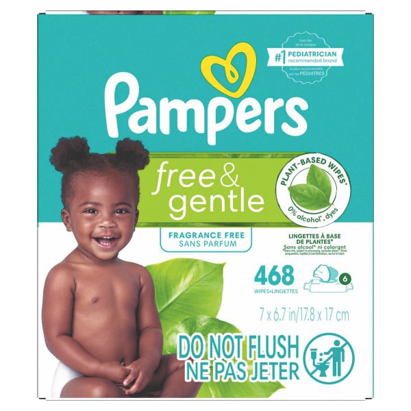 slide 29 of 29, Pampers Free & Gentle Baby Wipes, 99% Water, Hypoallergenic, Unscented, 100% Plant Based, Plastic-Free Baby Wipes, 468 Baby Wipes Total (6X Flip-Top Packs), 468 ea