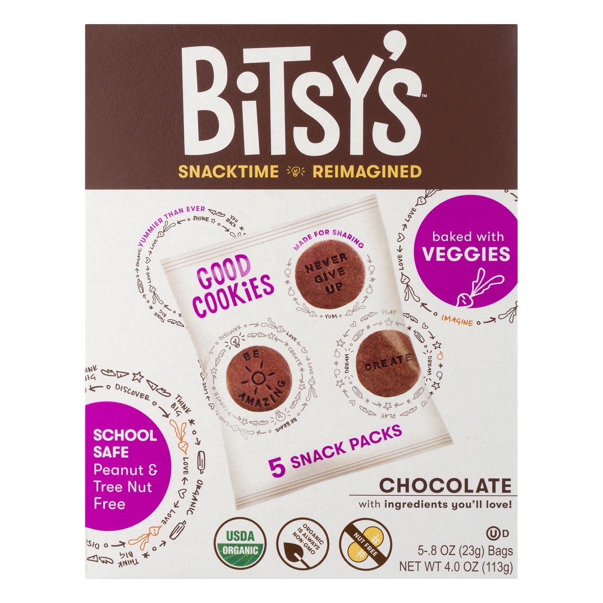 slide 1 of 1, Bitsy's Good Cookies, Chocolate, 5 Snack Packs, 0.8 oz