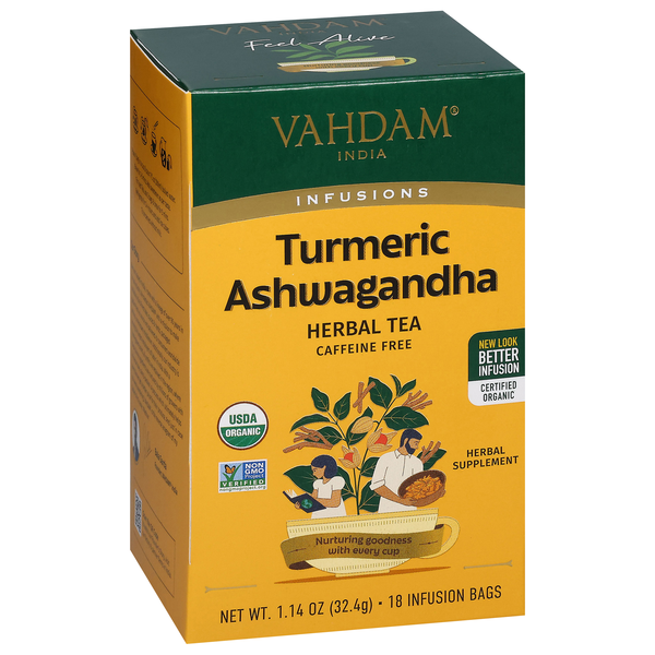 slide 1 of 1, Vahdam Caffeine Free Infusions Turmeric Ashwagandha Herbal Tea 18 Infusion Bags, 18 ct