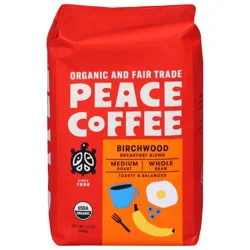 Peace Coffee Whole Bean Medium Roast Birchwood Breakfast Blend Coffee - 12 oz