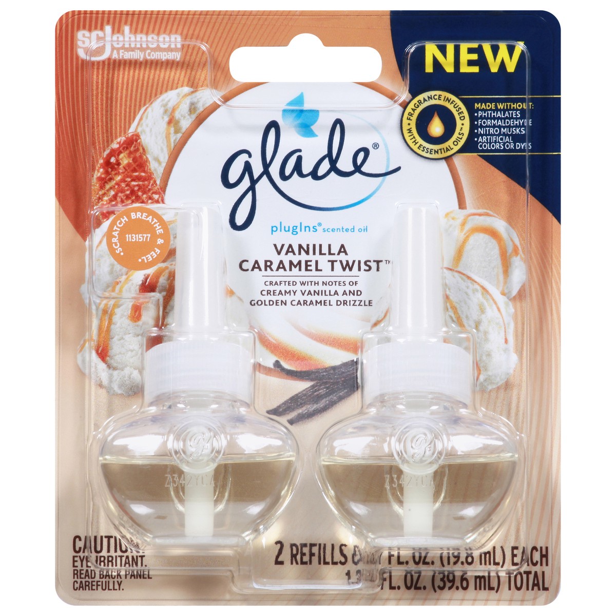 slide 7 of 13, Glade PlugIns Scented Oil 2 Refills, Air Freshener, Vanilla Caramel Twist, 2 x 0.67 oz, 1.34 fl oz