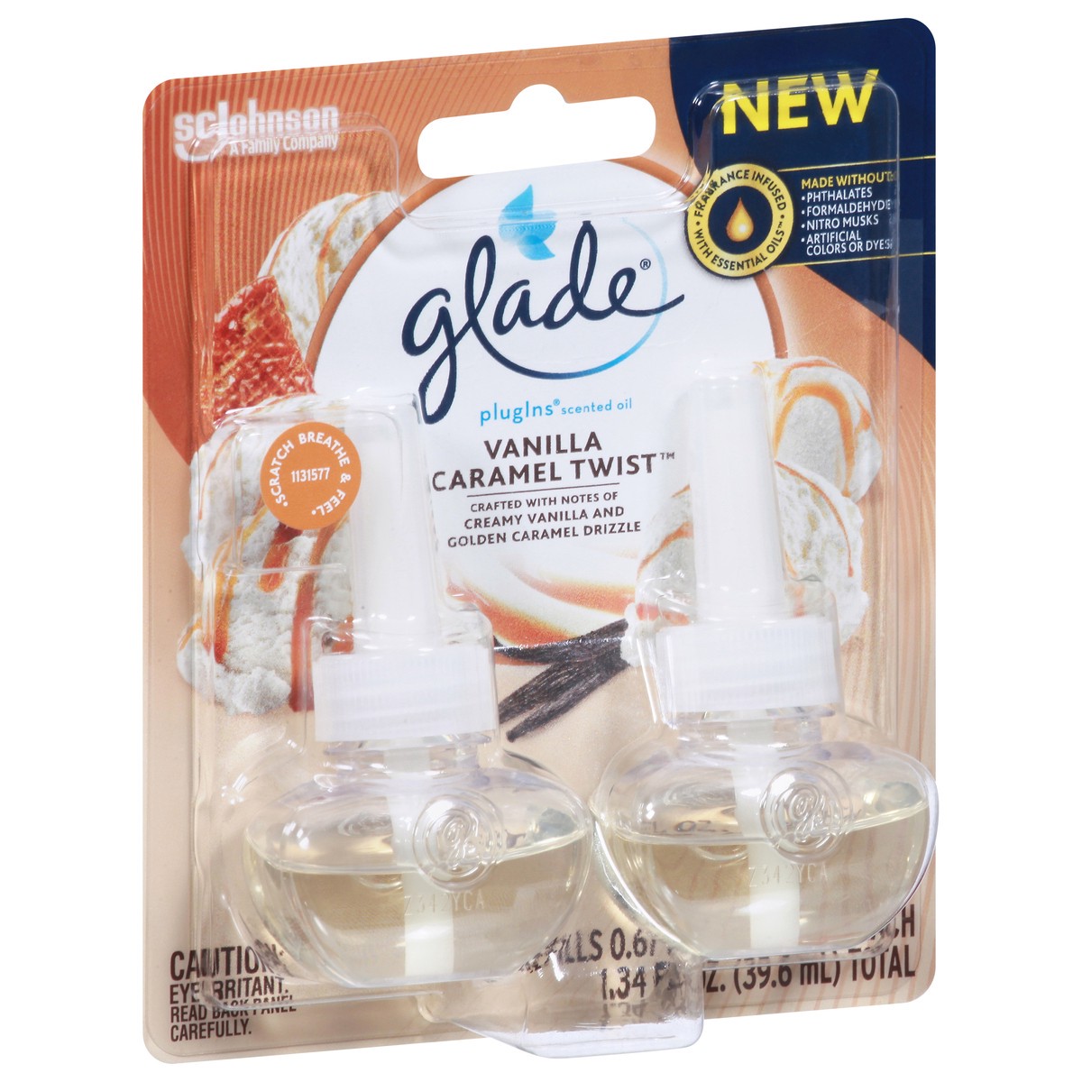 slide 6 of 13, Glade PlugIns Scented Oil 2 Refills, Air Freshener, Vanilla Caramel Twist, 2 x 0.67 oz, 1.34 fl oz