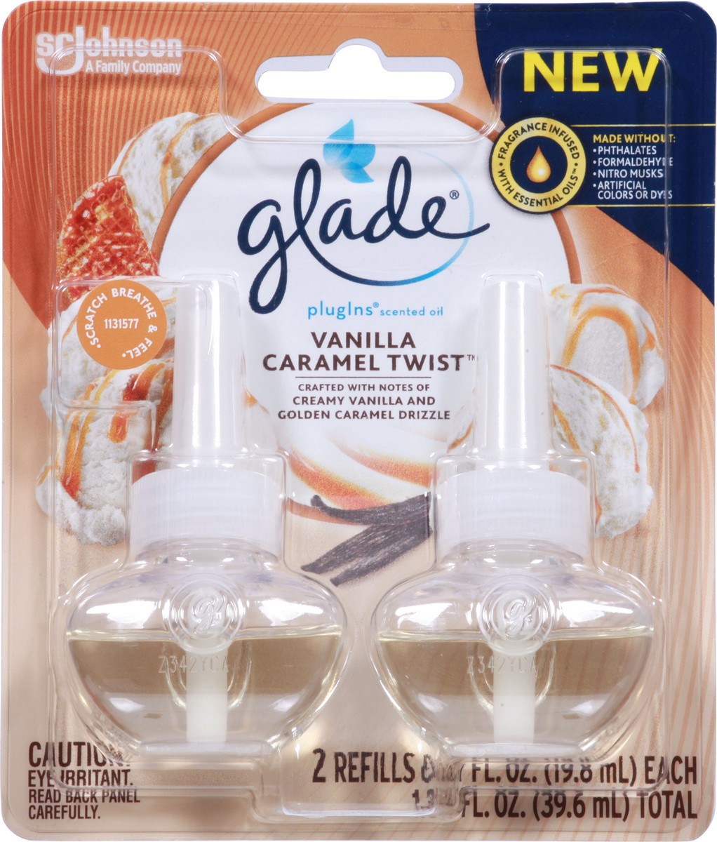 slide 8 of 13, Glade PlugIns Scented Oil 2 Refills, Air Freshener, Vanilla Caramel Twist, 2 x 0.67 oz, 1.34 fl oz