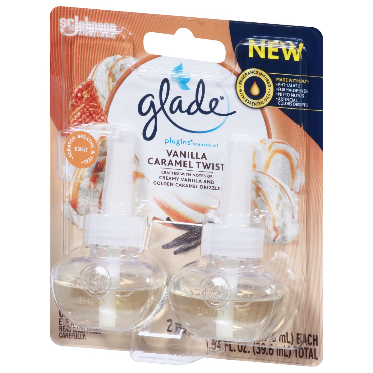 slide 4 of 13, Glade PlugIns Scented Oil 2 Refills, Air Freshener, Vanilla Caramel Twist, 2 x 0.67 oz, 1.34 fl oz