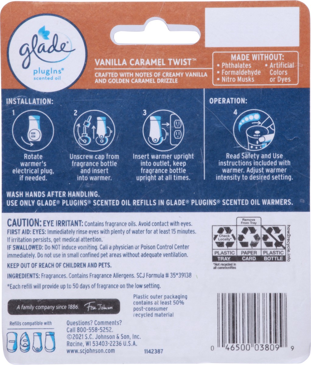 slide 9 of 13, Glade PlugIns Scented Oil 2 Refills, Air Freshener, Vanilla Caramel Twist, 2 x 0.67 oz, 1.34 fl oz