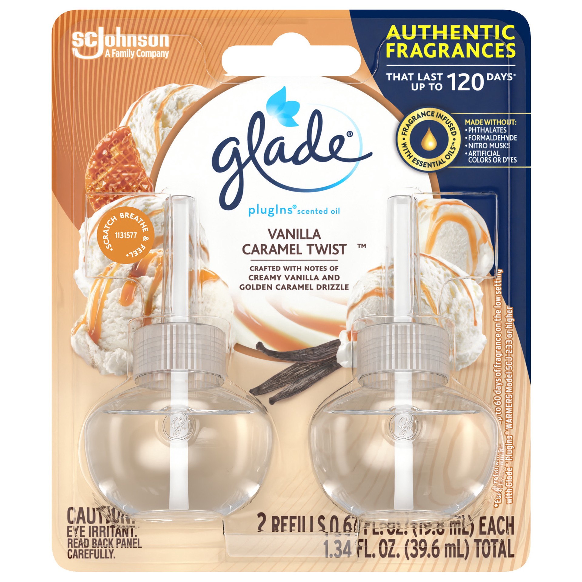 slide 1 of 13, Glade PlugIns Scented Oil 2 Refills, Air Freshener, Vanilla Caramel Twist, 2 x 0.67 oz, 1.34 fl oz