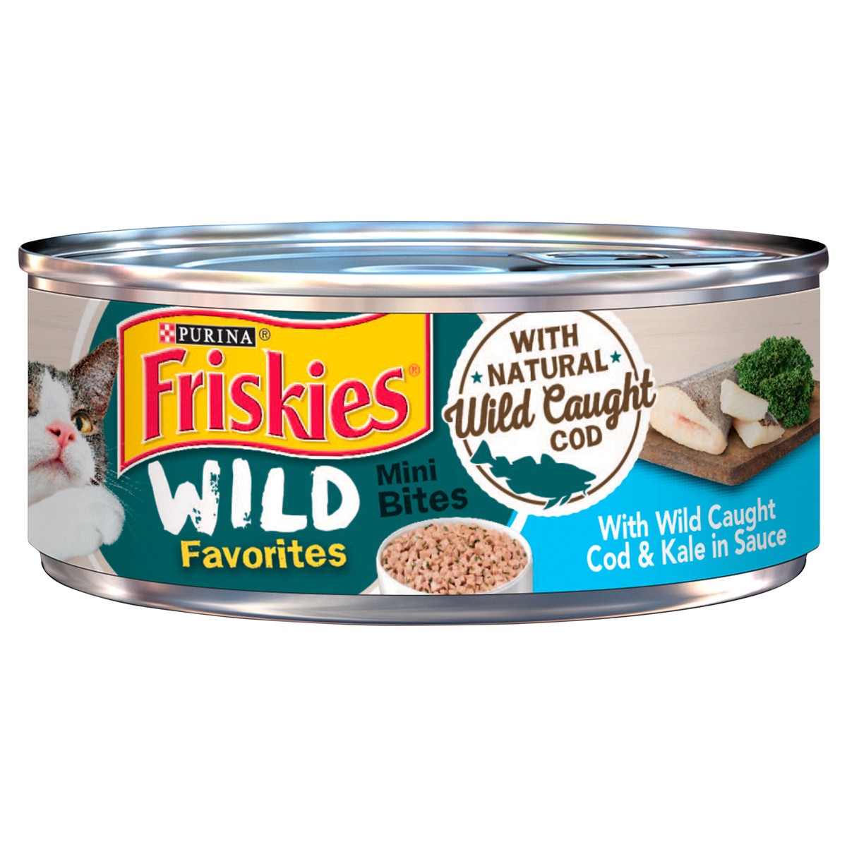 slide 1 of 8, Friskies Purina Friskies Wet Cat Food Wild Favorites With Wild Caught Cod & Kale in Sauce, 5.5 oz