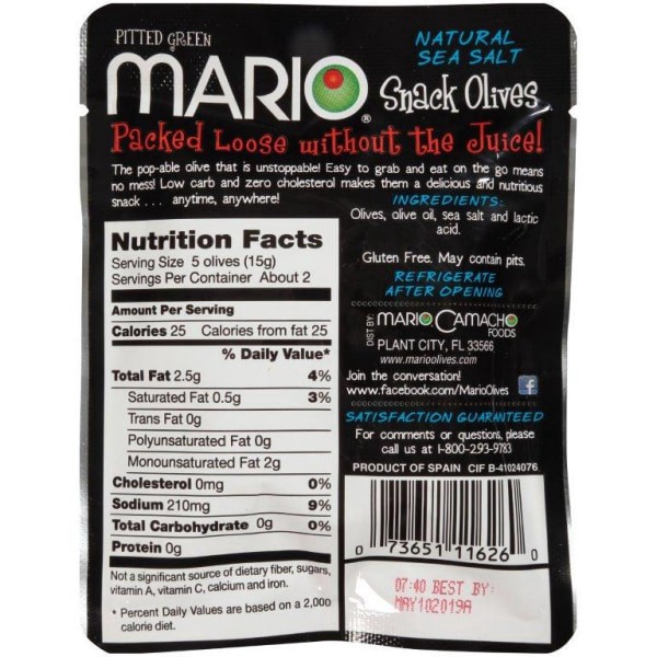 slide 15 of 21, Mario Green Pitted Snack Olives Seasoned with Natural Sea Salt, 1.05 oz