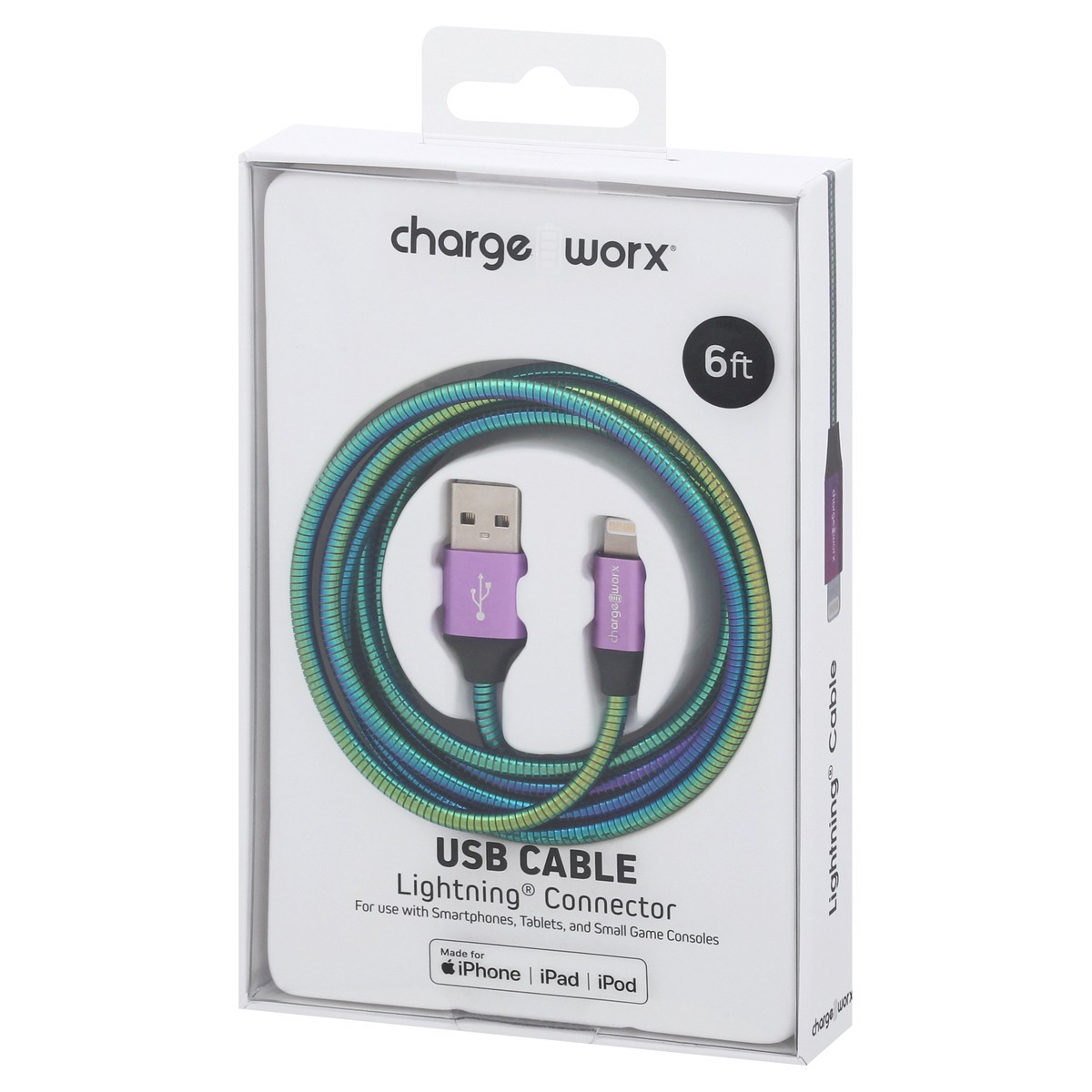 slide 11 of 11, Chargeworx Iridescent Lightning Connector USB-C Cable, 6 ft