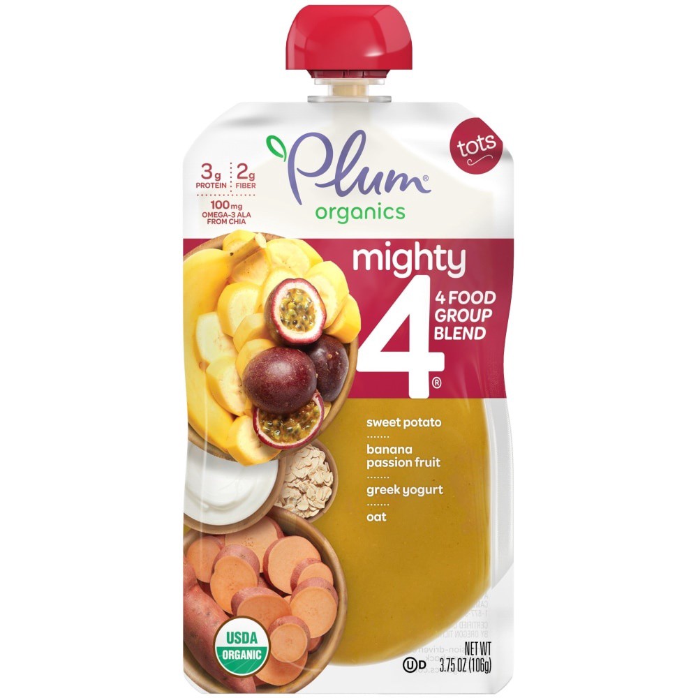 slide 2 of 2, Plum Organics Mighty 4 Sweet Potato Banana Passion Fruit Greek Yogurt Oat Tots Snack, 3.75 oz